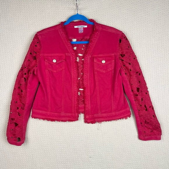Peter Nygard Red Denim Jacket By Nygard With Lace Women’s Size Large - Picture 5 of 10